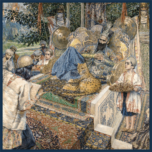 Scarf “Ferdowsi reading “Shahnameh” poem to Shah Mahmud of Ghazni”